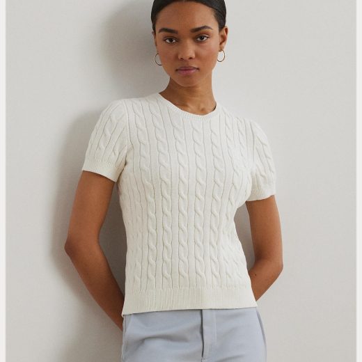 LAUREN RALPH LAUREN ケーブルニット コットン ショートスリーブ セーター ラルフローレン トップス ニット ホワイト【送料無料】