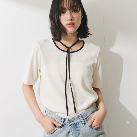 ADAM ET ROPE' FEMME 【WEB限定】ブークレリブリボンTシャツ アダムエロペ トップス カットソー・Tシャツ ホワイト ブラック【送料無料】