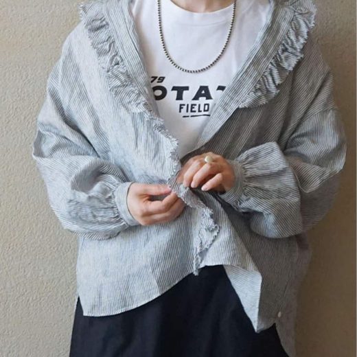 journal standard luxe リネンストライプ フリルブラウス ジャーナルスタンダード ラックス トップス シャツ・ブラウス ブラック ブルー【送料無料】