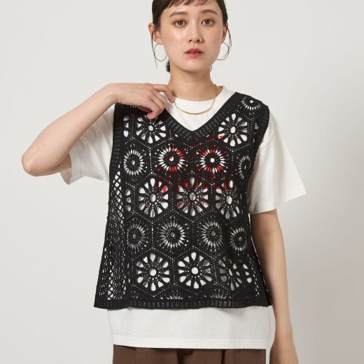 UNITED ARROWS green label relaxing クロシェ ベスト -ウォッシャブル- ユナイテッドアローズ グリーンレーベルリラクシング トップス ベスト・ジレ ブラック ホワイト【送料無料】