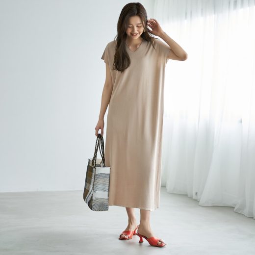 STYLE DELI 落ち感の良いサーマル編み調Vネックニットワンピース スタイルデリ ワンピース・ドレス ワンピース ブラック ベージュ【送料無料】