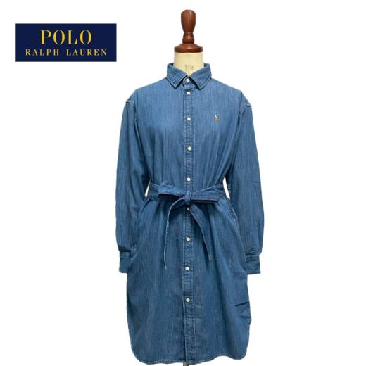 ポロ ラルフローレン レディース ポニーワンポイント ベルト付き デニム シャツ ワンピースPOLO Ralph Lauren Belted Denim Shirts Dress