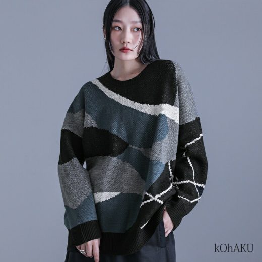 ニット レディース ユニセックス レディースニット トップス 長袖 クルーネック マーブル 線画柄 配色 ジャカード ジャガード アシンメトリー 大きいサイズ お尻が隠れる 大人カジュアル レイヤード 重ね着【メール便不可】【20】