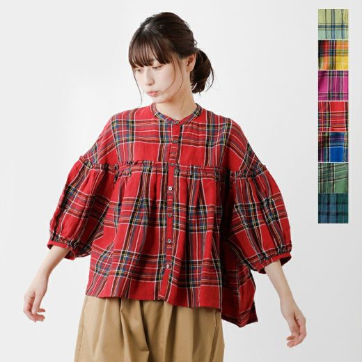 universal tissu ユニヴァーサルティシュ 東炊き リネン タータンチェック バンドカラー ブラウス ut240bl023-rf レディース