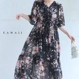 （S~2L対応）（黒）優美な花咲き誇るシアーミディアムワンピース