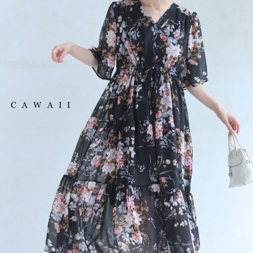 （S~2L対応）（黒）優美な花咲き誇るシアーミディアムワンピース