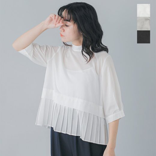whyto ホワイト ベルマックス スタンドカラー 裾プリーツ ブラウス “hem pleats blouse” wht21fbl4004-mn 2025ss新作 レディース