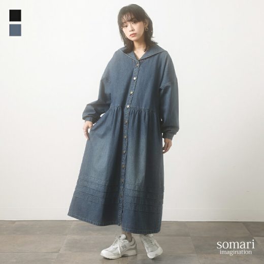 【6/2 12:59迄クーポンで10％OFF】【送料無料】『セーラーデニムワンピース』[somari imagination ワンピース レディース 長袖 デニム セーラーカラー ロング丈 羽織 ドロップショルダー コットン100％ 綿100％]【メール便不可】【30】
