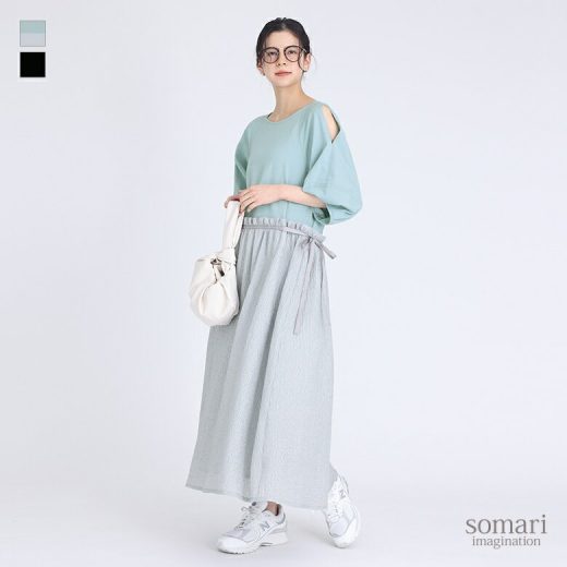 【期間限定！最大50％OFFクーポン対象】【送料無料】ワンピース レディース ロングワンピース 半袖 五分袖 カットソー 春 夏 クルーネック ぽわん袖 布帛生地 リボン ロング丈 リボン 無地 異素材MIX シアー 透け感 肌見せ ナチュラル お出掛け【メール便不可】【20】