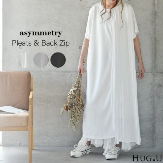 ワンピース ロングワンピース ロング マキシワンピース 【即納】 プリーツ Tシャツワンピース レディース ロングワンピ ワンピ スリットワンピース シフォン 半袖 体型カバー ロング Iライン スリット ジップ 大きいサイズ 無地 グレー 白 春 夏 HUG.U