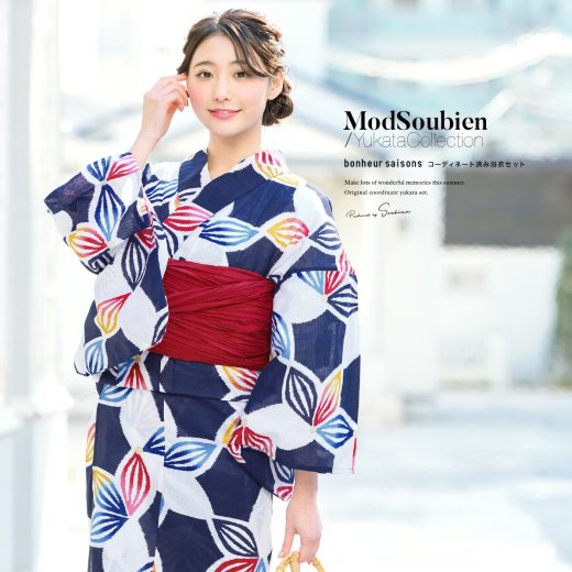 《対象クーポンで50%off》《2buy60％off》6/14~19 23:59まで浴衣 セット レディース 浴衣セット 兵児帯 大人 2点セット 浴衣 帯 紺 ネイビー 白 青 赤 麻の葉風 花 ラメ 綿 紅梅織り 夏 花火大会 ボヌールセゾン フリー 送料無料