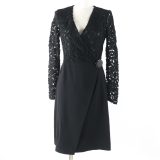 極美品☆Salvatore Ferragamo サルヴァトーレフェラガモ ウール100％ カットワークレース切替 カシュクール ワンピース ドレス ブラック 38 イタリア製 正規品 レディース【中古】