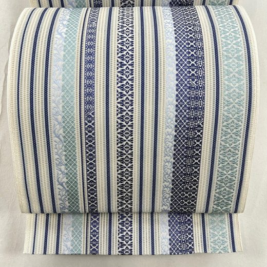 名古屋帯 美品 逸品 証紙あり やまと 八寸名古屋帯 松葉仕立て 夏帯 トンネル仕立て 縞 献上柄 青 正絹 【中古】