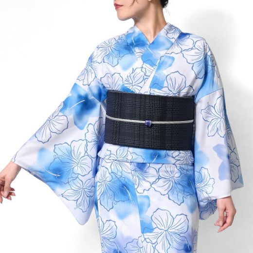 浴衣 ハイビスカス 芙蓉 青 水色 白 ぼかし グラデーション ポリエステル アイロンレス 古典柄 レディース レトロ モダン 上品 女性用 仕立上がり 単品 20代 30代 40代 djow