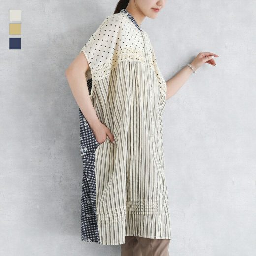 ブラウス レディース トップス ロング丈 バンドカラー 半袖 ドット ストライプ 花柄 コットン100％ 綿100％ 膝丈 チュニック丈 シャツ ロングシャツ 前開きシャツ 柄シャツ ポケット 春 夏 オシャレウォーカー※メール便可※【10】