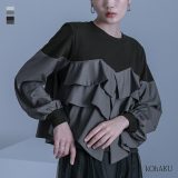スウェット レディース トップス 長袖トレーナー カットソー プルオーバー クルーネック フリル ドッキング 異素材 ショート丈 変形 配色 無地 布帛 コットン混 裏毛 春 秋 冬 オシャレウォーカー【メール便不可】【30】