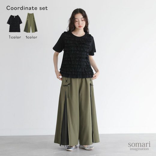 【送料無料】2点コーデセット 2025 レディース トップス Tシャツ 半袖 フリル 綿混 カットソー ワイドパンツ ロング丈 フレア チュール リボン レースアップ 配色 裏地付き 春 夏 オシャレウォーカー【メール便不可】【30】