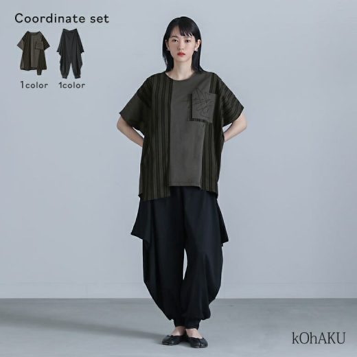 【送料無料】2点コーデセット 2025 レディース カットソー 半袖 トップス Tシャツ ドルマンスリーブ ストライプ柄 刺繍 サルエルパンツ ロング ボトムス 接触冷感 ドレープ パンツ 春 夏 オシャレウォーカー【メール便不可】【30】