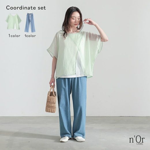 【送料無料】2点コーデセット 2025 レディース Tシャツ トップス 半袖 カットソー シアー 透け感 ドルマンスリーブ レイヤード 綿100％ ボトムス パンツ ロングパンツ ワイドパンツ 春 夏 オシャレウォーカー【メール便不可】【15】