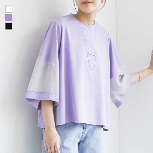 Tシャツ レディース トップス カットソー 七分袖 五分袖 フレア袖 クルーネック シアー 異素材 切り替え プルオーバー フレアスリーブ ミドル丈 Aライン 無地 異素材MIX 透け感 肌見せ 夏 オシャレウォーカー※メール便可※【10】