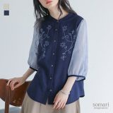 【7/2 9:59迄クーポンで1,000円OFF】ブラウス 七分袖 レディース トップス シャツ バンドカラー 刺繍 花柄 シアー 透け感 シフォン 配色 異素材 二の腕カバー ゆったり 春 夏 オシャレウォーカー※メール便可※【10】