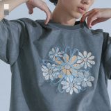 Tシャツ 半袖 五分袖 メンズ トップス カットソー フェイクスエード 花柄 フラワー 刺繍 配色 オーバーサイズ モード ストリート カジュアル 春 夏 オシャレウォーカー※メール便可※【10】