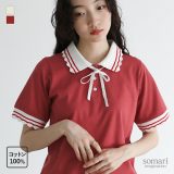 カットソー ポロシャツ レディース トップス 半袖 Tシャツ 襟付き リボン 取り外し可 スカラップ 綿100％ カットポロ レトロ クラシカル ガーリー 春 夏 オシャレウォーカー※メール便可※【10】