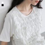 Tシャツ レディース トップス 半袖 カットソー フリル 綿混 Uネック クルーネック 涙あき プルオーバー ショート丈 ミドル丈 無地 コットン混 伸縮性 二の腕カバー 春 夏 オシャレウォーカー【メール便不可】【20】