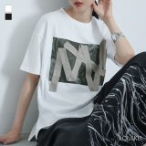 カットソー 半袖 五分袖 レディース トップス プリント柄 コットン100％ スリット 着回し Tシャツ プリントTシャツ プリントT プルオーバー クルーネック アシンメトリー アシメ 配色 春 夏 オシャレウォーカー※メール便可※【10】