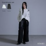 2点コーデセット 2024 レディース Tシャツ カットソー トップス ロンT クルーネック Uネック 長袖 ワイドパンツ ボトムス パンツ ロングパンツ ストレートパンツ 異素材 イージーパンツ【メール便不可】【20】