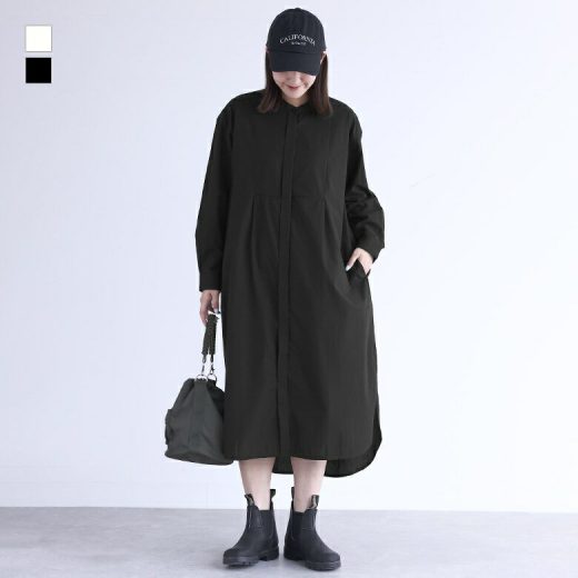 ワンピース 長袖ワンピース シャツワンピース ロング レディース 長袖 バンドカラー スリット 綿100％ コットン 綿 コットン100％ 大きいサイズ 体型カバー 二の腕カバー【メール便不可】【20】