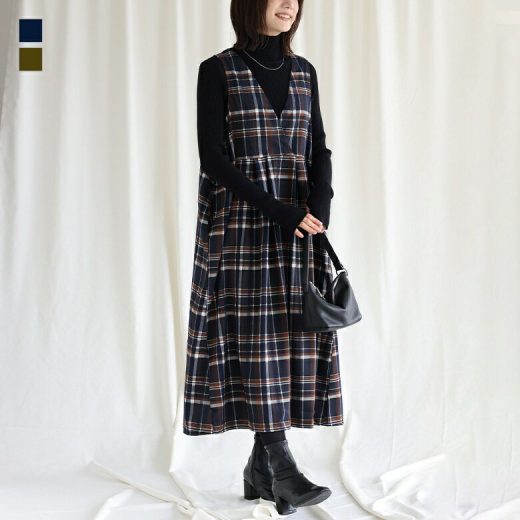 ロングワンピース ノースリーブ レディース ワンピース チェック柄 Vネック タック ポケット レイヤードワンピ レイヤード 重ね着 ロング丈 着回し チェックワンピ ワンピ 大きいサイズ 体型カバー【メール便不可】【20】