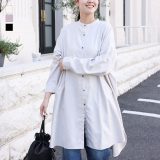 シャツ ブラウス 長袖 レディース 秋 冬 バンドカラー コーデュロイ ボタンシャツ スリット 膝丈 チュニック ゆったり 長め ロング 体型カバー 大きいサイズ お尻が隠れる ブラウス 重ね着 レイヤード【メール便不可】【20】
