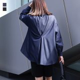 シャツ 長袖 レディース トップス デニムシャツ ロングシャツ ブラウス チュニック タック 抜き襟 羽織 レイヤード 重ね着 襟付き 秋 冬 春 無地 デニム風 きれいめ お尻が隠れる【メール便不可】【20】