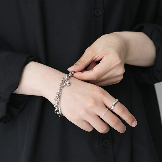 ブレスレット レディース アクセサリー アクセ チェーンブレスレット チェーンブレス トグル MIXデザイン 存在感 シルバー 金属メッキ チタン ミックスチェーン チェーン 異素材 春 夏 秋 冬※メール便可※【2】
