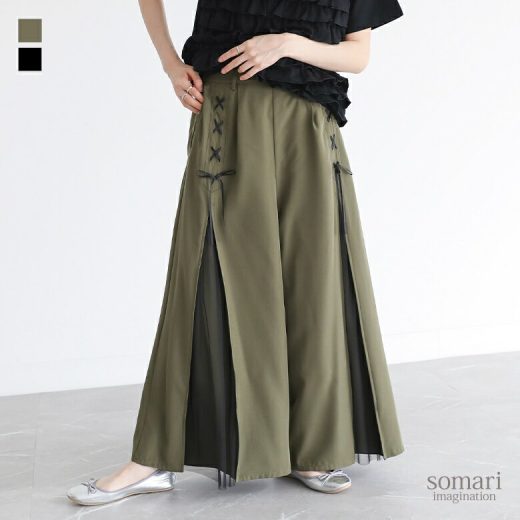 パンツ レディース ボトムス ロング丈 ワイドパンツ フレア チュール リボン レースアップ 配色 裏地付き ポケット タック ベルトループ ウエストゴム 無地 異素材MIX 春 夏 秋 冬 オシャレウォーカー※メール便可※【10】
