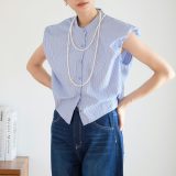 [4913円クーポン利用で] パフスリーブ ブラウス レディース ノースリーブ 夏服 体型カバー 大人可愛い シャツ トップス きれいめ ショート丈 デザインシャツ フレンチスリーブ デザインブラウス パフショルダー バンドカラー パワショル 春夏 [250210]