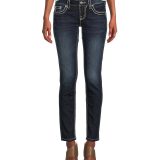【送料無料】 ミスミー レディース デニムパンツ ジーンズ ボトムス Loose Saddle Border Stitch Flap Pocket Low Rise Skinny Jeans Dark Blue