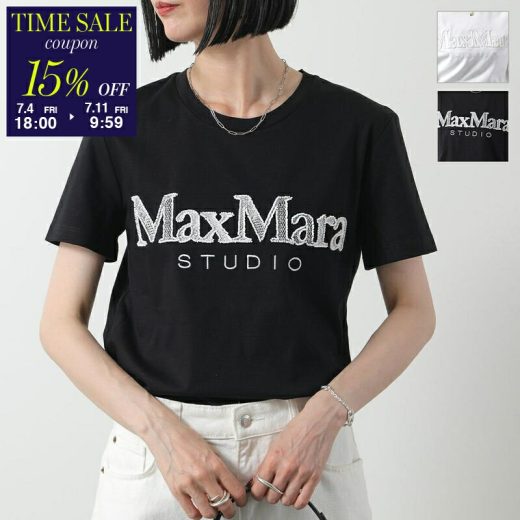 【7/11-9:59迄15％OFFクーポン対象】MAX MARA Studio マックスマーラ ステュディオ Tシャツ WON ウォン レディース コットン 半袖 カットソー クルーネック ロゴ刺繍 ビーズ カラー2色【cp_fifte】