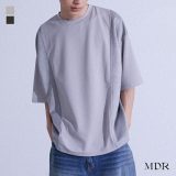 Tシャツ メンズ トップス カットソー 半袖 異素材 フェイクスエード ポンチ素材 クルーネック プルオーバー レイヤード 重ね着 ゆったり ラフ 春 夏 オシャレウォーカー※メール便可※【10】