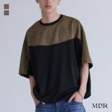 【7/20(日)23:59迄クーポンで10％OFF】Tシャツ 半袖 五分袖 メンズ トップス カットソー 切替 異素材 フェイクスエード 配色 ドロスト アレンジ オーバーサイズ 春 夏 オシャレウォーカー【メール便不可】【20】