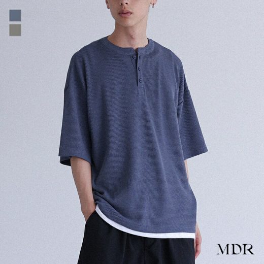 カットソー 半袖 メンズ トップス Tシャツ ワッフル生地 ヘンリーネック ワイドシルエット ストレッチ レイヤード 重ね着 春 夏 秋 オシャレウォーカー※メール便可※【10】