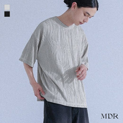 カットソー 半袖 五分袖 メンズ トップス クルーネック プリーツ ウェーブ模様 薄手 ボックスシルエット 着回し シンプル ラフ きれいめ Tシャツ プルオーバー ドロップショルダー 春 夏 オシャレウォーカー【メール便不可】【20】