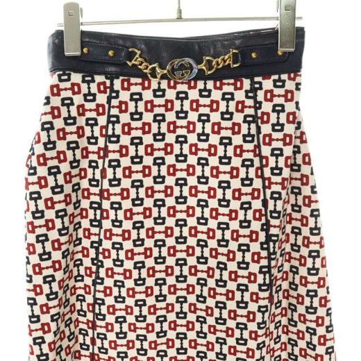 グッチ GUCCI　サイズ:36 606636 XDAZ5 ロゴ総柄GGベルトスカート(ホワイト×レッド×ネイビー)【821142】【BS99】【レディース】【中古】bb380#rinkan*A