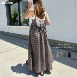 バックオープン キャミ ワンピース レディース キャミワンピース ロングワンピース ジャンパースカート ボトム 体型カバー ゆったり 楽ちん チェック柄 ギンガムチェック フレア Aライン ペプラム きれいめ フェミニン カジュアル 春夏 秋冬 春 夏 秋 冬