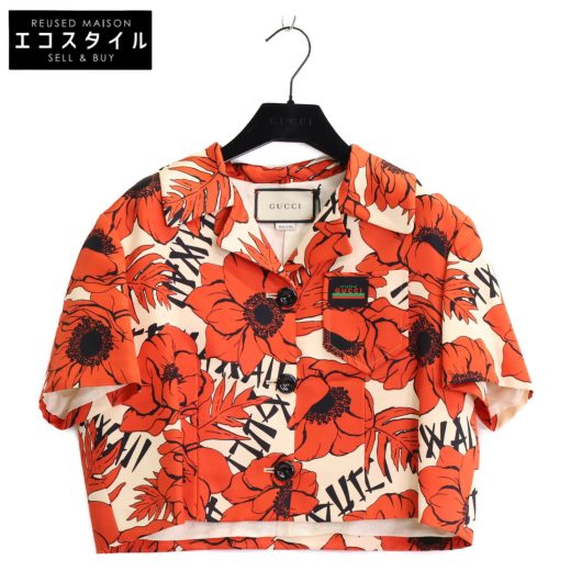 GUCCI グッチ 【新品同様/国内正規】619247 ZAEXM フラワープリント シルク100％ ショート ジャケット 36 ベージュxオレンジ レディース 【中古】