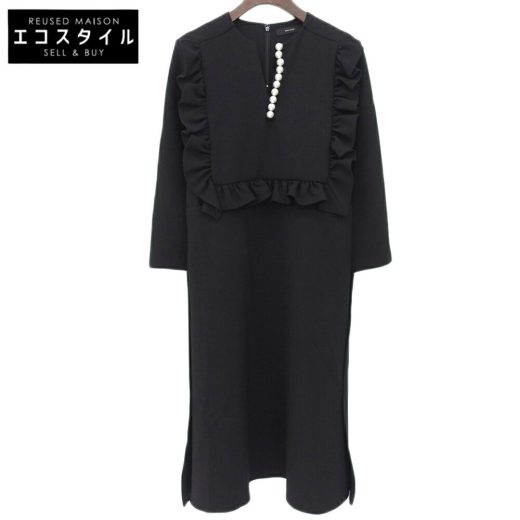 YOKOCHAN ヨーコチャン 美品 ロングスリーブ フリルトリム パールドレス ワンピース レディース ブラック 36 YCD-323-896 23年製 ワンピース 36 ブラック レディース 【中古】