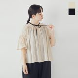 【20%OFF】MAGALI マガリ ラミーローン フレアスリーブ ブラウス bl267-fn レディース シャツ 羽織り 半袖 ギャザー 5分袖 ゆったり リネン リボン 上品 透け感 シフォン 体型カバー 二の腕カバー