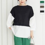 ≪ 特別セール 緊急追加 ≫ ニットレイヤード風ボリュームスリーブトップス [C5616] レディース 7分袖 ゆったり ストライプ バックスリット 黒 大人 かわいい きれいめ ビジネス 通勤 ママ カジュアル 重ね着風 グリーン カーキ