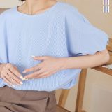 半袖 ブラウス バックリボン ぽわん袖 レディース きれいめ 半袖ブラウス 白 ストライプ ボーダー ブルー 青 レディースブラウス シャツ トップス ぽわん袖ブラウス 二の腕 二の腕カバー [C6788] ボリュームスリーブ バックリボン